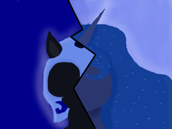 Size: 1024x768 | Tagged: safe, artist:houndy, imported from derpibooru, princess luna, edgy, lineless, newbie artist training grounds, nightmare night, split screen, two sides