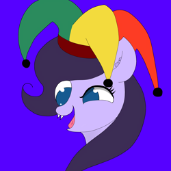 Size: 3000x3000 | Tagged: safe, artist:houndy, imported from derpibooru, oc, oc only, oc:jester, bat pony, blue background, hat, insanity, jester hat, looking at you, simple background, smiling, smiling at you, solo