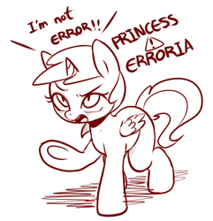 Size: 672x698 | Tagged: safe, artist:maren, imported from derpibooru, alula, pluto, princess erroria, alicorn, pony, 2015, angry, dialogue, doodle, female, filly, foal, monochrome, old art, open mouth, raised hoof, solo