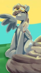 Size: 2160x3840 | Tagged: safe, artist:applephil, imported from derpibooru, dust devil, pegasus, pony, hurricane fluttershy, 4k, eyes closed, female, goggles on head, high res, mare, one wing out, sitting, smiling, solo, wings