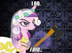 Size: 687x500 | Tagged: safe, artist:birthofthepheonix, artist:marbleyarns, editor:professorventurer, imported from derpibooru, princess cadance, bird, axe, constance hatchaway, disney, disneyland, evil, halloween, holiday, implied murder, the haunted mansion, weapon