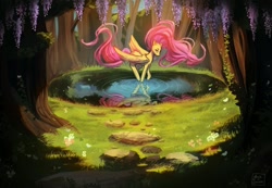Size: 1200x831 | Tagged: safe, artist:jaynsparkle, imported from derpibooru, fluttershy, pegasus, pony, flowing mane, forest, pond, reflection, water