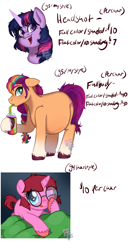 Size: 2000x3855 | Tagged: safe, artist:ponykittenboi, imported from derpibooru, sunny starscout, twilight sparkle, oc, oc:rose petal, earth pony, pony, unicorn, advertisement, belly, belly blush, big belly, blushing, braid, commission info, female, filly, foal, g4, g4 to g5, g5, generation leap, glasses, looking at you, mare, multicolored hair, one eye closed, open mouth, pregnant, round glasses, signature, simple background, smoothie, straw, text, tongue out, unicorn twilight, unshorn fetlocks, watermark, white background, wink, winking at you