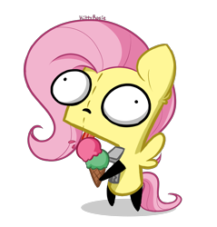 Size: 3537x3705 | Tagged: safe, artist:kittyrosie, imported from derpibooru, fluttershy, pegasus, antonymph, commission, fluttgirshy, food, gir, ice cream, invader zim, simple background, solo, species swap, tongue out, transparent background