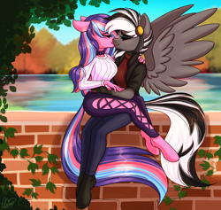 Size: 3800x3600 | Tagged: safe, artist:mxiiisy, imported from derpibooru, oc, oc only, oc:serenity pond, oc:zephyrai, anthro, earth pony, pegasus, unguligrade anthro, accessory, autumn, black and white mane, breasts, brick wall, choker, clothes, complex background, duo, duo female, eyes closed, eyeshadow, female, hair tie, hairpin, hand on arm, hand on hip, hand on shoulder, hoof fluff, jacket, kiss on the lips, kissing, lake, leaves, long hair, makeup, multicolored hair, multicolored tail, sitting, sitting on lap, spread wings, sweatshirt, tail, vine, water, watermark, wings