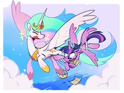 Size: 2048x1534 | Tagged: safe, artist:ache13337003, imported from derpibooru, princess celestia, twilight sparkle, alicorn, pony, duo, flying, jewelry, laughing, nervous, paper, regalia, twilight sparkle (alicorn)