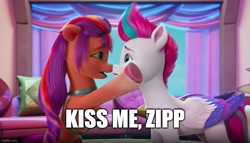 Size: 873x500 | Tagged: safe, edit, edited screencap, imported from derpibooru, screencap, sunny starscout, zipp storm, earth pony, pegasus, pony, spoiler:g5, spoiler:my little pony: make your mark chapter 2, spoiler:myms01e07, caption, face to face, female, g5, holding, hoof done it?, image macro, imminent kissing, lesbian, meme, my little pony: make your mark, my little pony: make your mark chapter 2, shipping, text