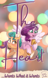 Size: 705x1125 | Tagged: safe, artist:skysorbett, edit, imported from derpibooru, hitch trailblazer, pipp petals, earth pony, pegasus, pony, fanfic:the heart wants what it wants, adorapipp, author:scout feather, cover art, cute, duo, explicit source, fanfic, fanfic art, fanfic cover, fanfic in the description, female, g5, hitchpipp, male, mare, shipping, stallion, straight