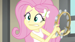 Size: 1280x716 | Tagged: safe, imported from derpibooru, screencap, fluttershy, human, equestria girls, rainbow rocks, bare shoulders, clothes, musical instrument, sleeveless, tambourine, tanktop