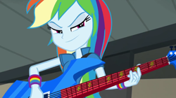 Size: 1280x716 | Tagged: safe, imported from derpibooru, screencap, rainbow dash, human, equestria girls, rainbow rocks, electric guitar, eyebrows, faic, female, guitar, lidded eyes, musical instrument, smiling, smirk, smug, smugdash, solo