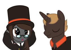 Size: 2849x2024 | Tagged: safe, artist:mrvector, imported from derpibooru, oc, oc:private eye, oc:sonata, pony, unicorn, elements of justice, female, glasses, hat, male, mare, professor layton, shipping, simple background, stallion, starry eyes, transparent background, turnabout storm, vector, wingding eyes
