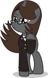 Size: 4565x7424 | Tagged: safe, artist:mrvector, imported from derpibooru, oc, oc:sonata, pony, unicorn, clothes, elements of justice, female, glasses, looking at you, mare, simple background, solo, suit, transparent background, turnabout storm, vector