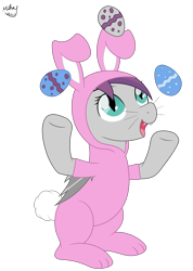 Size: 2500x3515 | Tagged: safe, artist:mihay, imported from derpibooru, oc, oc only, oc:ebony rain, bat pony, pony, animal costume, bat pony oc, bunny costume, clothes, commission, costume, easter, easter bunny, easter egg, female, fluffy tail, holiday, simple background, slit pupils, smiling, solo, tail, transparent background, ych result, your character here
