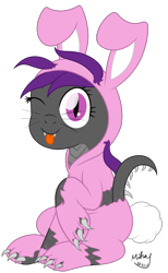 Size: 1632x2650 | Tagged: safe, artist:mihay, imported from derpibooru, oc, oc only, oc:fritzy, dracony, dragon, hybrid, pony, ;p, animal costume, bunny costume, bunny ears, claws, clothes, costume, easter, female, fluffy tail, holiday, looking at you, one eye closed, simple background, solo, tail, tongue out, torn clothes, transparent background, whiskers, wink, winking at you