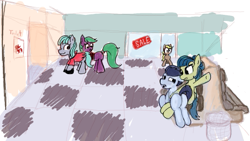Size: 523x295 | Tagged: safe, artist:rusticanon, imported from derpibooru, rumble, oc, earth pony, pegasus, pony, 4chan, bench, butt, humilliation, mall, over the knee, plot, sale, spanking, trash can