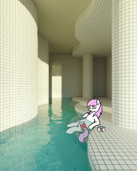 Size: 1000x1250 | Tagged: safe, artist:legendoflink, imported from derpibooru, nurse redheart, earth pony, pony, bags under eyes, eyes closed, female, hat, liminal space, loose hair, mane down, mare, nurse hat, poolrooms, relaxing, solo, swimming pool, water