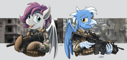 Size: 3674x1735 | Tagged: safe, artist:buckweiser, imported from derpibooru, oc, oc only, oc:ebony rain, oc:frost wing, assault rifle, body armor, clothes, commission, couple, female, gun, m4, male, military, military uniform, p90, rifle, soldier, soldier pony, submachinegun, uniform, weapon, ych result, your character here