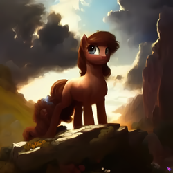 Size: 2048x2048 | Tagged: safe, imported from derpibooru, prompter:zealousmagician, oc, oc only, unnamed oc, earth pony, pony, ai content, ai generated, brown coat, brown mane, cloud, earth pony oc, female, generator:purplesmart.ai, generator:stable diffusion, looking up, mare, outdoors, sky, solo, standing, sunlight