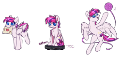 Size: 5080x2389 | Tagged: safe, artist:greenmaneheart, imported from derpibooru, oc, oc only, pegasus, chest fluff, female, mare, mouth hold, ponies riding roombas, roomba, sign, simple background, solo, transparent background, yarn, yarn ball