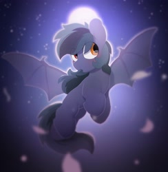 Size: 3512x3592 | Tagged: safe, artist:mochi_nation, imported from derpibooru, oc, oc only, oc:scrimmy, bat pony, pony, bat pony oc, commission, eye clipping through hair, full moon, heterochromia, high res, male, moon, night, solo, spread wings, stallion, wings