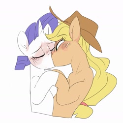 Size: 2123x2123 | Tagged: safe, artist:baigak, imported from derpibooru, applejack, rarity, earth pony, pony, unicorn, blushing, eyes closed, female, high res, holding hooves, kiss on the lips, kissing, lesbian, mare, rarijack, shipping, simple background, white background