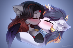 Size: 1280x848 | Tagged: safe, artist:airiniblock, imported from derpibooru, oc, oc only, oc:night light, oc:ruby, pegasus, pony, unicorn, bust, duo, ear fluff, eyes closed, horn, kissing, pegasus oc, rcf community, unicorn oc, wings