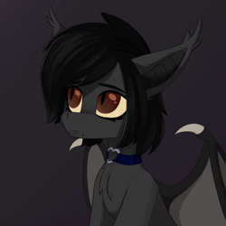 Size: 1600x1600 | Tagged: safe, artist:tanadormi, imported from derpibooru, oc, oc only, oc:banochka, bat pony, pony, bat pony oc, bat wings, black hair, cat eyes, chest fluff, choker, collar, ear fluff, looking up, simple background, slit pupils, solo, wings