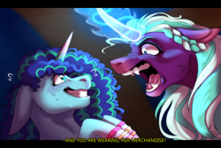 Size: 3000x2000 | Tagged: safe, artist:notsosmartsmarty, imported from derpibooru, opaline arcana, alicorn, pony, unicorn, spoiler:g5, spoiler:my little pony: make your mark, spoiler:my little pony: make your mark chapter 2, angry, anxious, disney, duo, duo female, ears back, fangs, female, g5, hercules, magic, mare, misty brightdawn, my little pony: make your mark, my little pony: make your mark chapter 2, open mouth, reference to another series, sharp teeth, simple background, teeth, аполин, аполин сажрала мисти, мисти