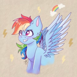 Size: 1207x1207 | Tagged: safe, artist:galaxy swirl, imported from derpibooru, rainbow dash, pegasus, pony, colored wings, eye clipping through hair, eyebrows, eyebrows visible through hair, grin, smiling, solo, spread wings, two toned wings, wings