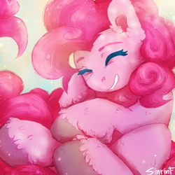 Size: 2480x2480 | Tagged: safe, artist:sinrinf, derpibooru exclusive, imported from derpibooru, pinkie pie, earth pony, pony, curly hair, cute, diapinkes, ear fluff, eyes closed, female, happy, mare, simple background, smiling, solo, unshorn fetlocks
