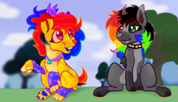 Size: 1115x643 | Tagged: safe, artist:thatonefluffs, imported from derpibooru, oc, oc:babybelle, oc:cringecore, alicorn, classical unicorn, earth pony, hybrid, original species, pony, unicorn, pony town, bear pony, chest fluff, chew toy, clothes, cloven hooves, clowncore, collar, colorful, duo, ear fluff, emo, eyeshadow, fangs, horn, kidcore, leonine tail, makeup, paw pads, paws, scene, scenecore, sharp horn, socks, spiked collar, stim toy, unshorn fetlocks