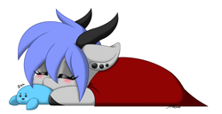 Size: 1812x937 | Tagged: safe, artist:melodytheartpony, imported from derpibooru, oc, oc:melody silver, dracony, dragon, hybrid, pony, seal, blanket, blushing, cute, female, feral, horns, piercing, plushie, signature, simple background, sleeping, white background