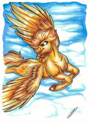 Size: 2457x3424 | Tagged: safe, artist:lupiarts, imported from derpibooru, spitfire, pegasus, pony, cloud, drawing, female, flying, markers, simple background, sky, solo, spread wings, traditional art, wings