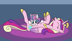 Size: 1920x1080 | Tagged: safe, artist:platinumdrop, imported from derpibooru, princess cadance, princess flurry heart, alicorn, pony, eyes closed, female, filly, foal, horn, laughing, mare, mother and child, mother and daughter, raspberry, request, tickling, ticklish tummy, tummy buzz