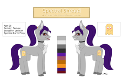 Size: 3000x1948 | Tagged: safe, artist:melodytheartpony, imported from derpibooru, oc, oc:spectral shroud, earth pony, ghost, undead, chest fluff, choker, female, feral, ghost hunter, glasses, lesbian, ponytail, reference sheet, signature, simple background, white background