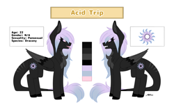 Size: 3000x1808 | Tagged: safe, artist:melodytheartpony, imported from derpibooru, oc, oc:acid trip, dracony, dragon, hybrid, pony, agender, chest fluff, drugs, feral, gradient mane, high, pansexual, reference sheet, signature, simple background, white background