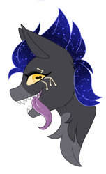 Size: 1524x2500 | Tagged: safe, artist:melodytheartpony, imported from derpibooru, oc, oc:parasite, oc:the unknown parasite, pegasus, bust, feral, futa, intersex, long tongue, looking at you, markings, odd pupils, parasite, pointy teeth, signature, simple background, stars, tongue out, white background