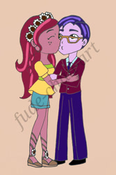 Size: 1280x1919 | Tagged: safe, artist:fude-chan-art, imported from derpibooru, clayton potter, gloriosa daisy, larry cooper, human, equestria girls, cheek kiss, claisy, duo, female, glasses, kissing, male, shipping, straight