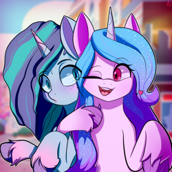 Size: 3000x3000 | Tagged: safe, artist:alexsc112, imported from derpibooru, izzy moonbow, pony, unicorn, spoiler:g5, duo, eye clipping through hair, female, freckles, g5, hug, lesbian, misty brightdawn, mizzy, my little pony: make your mark, my little pony: make your mark chapter 2, one eye closed, open mouth, open smile, shipping, smiling, unshorn fetlocks