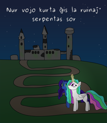 Size: 1735x2000 | Tagged: safe, artist:timcryt, imported from derpibooru, princess celestia, princess luna, pony, castle, esperanto, night