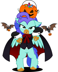 Size: 4071x5000 | Tagged: safe, artist:jhayarr23, edit, imported from derpibooru, oc, oc only, oc:sea lilly, bat, classical hippogriff, hippogriff, :p, bipedal, candy, clothes, costume, fangs, food, halloween, halloween costume, holiday, pumpkin bucket, simple background, tongue out, transparent background, vampire costume