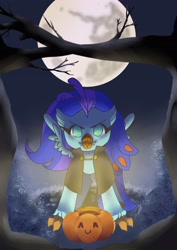 Size: 1448x2048 | Tagged: safe, artist:snowflake_pone, imported from derpibooru, oc, oc only, oc:sea lilly, classical hippogriff, hippogriff, vampire, >:3, clothes, commission, costume, fangs, fog, halloween, halloween costume, holiday, moon, pumpkin bucket, tree, vampire costume, ych result