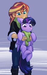 Size: 1726x2732 | Tagged: safe, artist:blue ink, imported from derpibooru, sunset shimmer, twilight sparkle, alicorn, human, pony, equestria girls, belly, clothes, cute, duo, duo female, ears back, featured image, female, high res, holding a pony, looking at someone, looking down, mare, scarf, shimmerbetes, size difference, snow, twiabetes, twilight sparkle (alicorn), underhoof