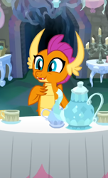 Size: 372x611 | Tagged: safe, imported from derpibooru, screencap, smolder, dragon, what lies beneath, cropped, cup, cute, dragoness, female, smolderbetes, solo, tea set, teacup, teapot