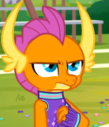 Size: 768x896 | Tagged: safe, imported from derpibooru, screencap, smolder, dragon, 2 4 6 greaaat, cheerleader, cheerleader outfit, cheerleader smolder, clothes, cropped, dragoness, female, smolder is not amused, solo, unamused