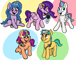 Size: 3187x2507 | Tagged: safe, artist:doodledonutart, imported from derpibooru, hitch trailblazer, izzy moonbow, pipp petals, sunny starscout, zipp storm, earth pony, pegasus, pony, rabbit, unicorn, animal, braided ponytail, cute, eyes closed, female, g5, glowing, glowing horn, happy, headband, horn, magic, male, mane five (g5), mare, microphone, open mouth, open smile, sheriff's badge, simple background, singing, smiling, stallion, telekinesis