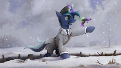 Size: 4096x2304 | Tagged: safe, artist:magfen, imported from derpibooru, oc, oc only, oc:arstotzka reptov, pony, unicorn, belt, clothes, coat, green eyes, gritted teeth, gun, handgun, hat, magic, makarov, military uniform, necktie, pistol, pointing, snow, snowfall, solo, teeth, telekinesis, tree, trench, uniform