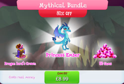 Size: 1262x860 | Tagged: safe, imported from derpibooru, princess ember, dragon, bundle, chest, claws, costs real money, crown, dragon lord's crown, dragoness, english, female, gameloft, gem, horns, jewelry, my little pony: magic princess, numbers, official, regalia, sale, solo, solo focus, spread wings, tail, text, wings