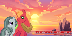 Size: 2064x1049 | Tagged: safe, artist:dashiesparkle, artist:jhayarr23, artist:not-yet-a-brony, imported from derpibooru, big macintosh, marble pie, earth pony, pony, 2022, barbra streisand, beach, bittersweet, cloud, female, friends, friendship, heartwarming, implied sugarmac, looking at each other, looking at someone, male, mare, movie reference, not shipping, ocean, platonic, september, ship sinking, smiling, smiling at each other, song reference, stallion, sun, sunset, the way we were, water, youtube link in the description