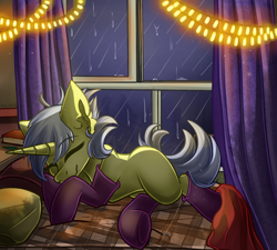 Size: 1456x1311 | Tagged: safe, artist:yuris, imported from derpibooru, oc, oc only, oc:fighttwomagic, pony, unicorn, bed, blanket, clothes, curtains, ears up, female, garland, pillow, rain, smiling, socks, solo, trade, unicorn oc, window